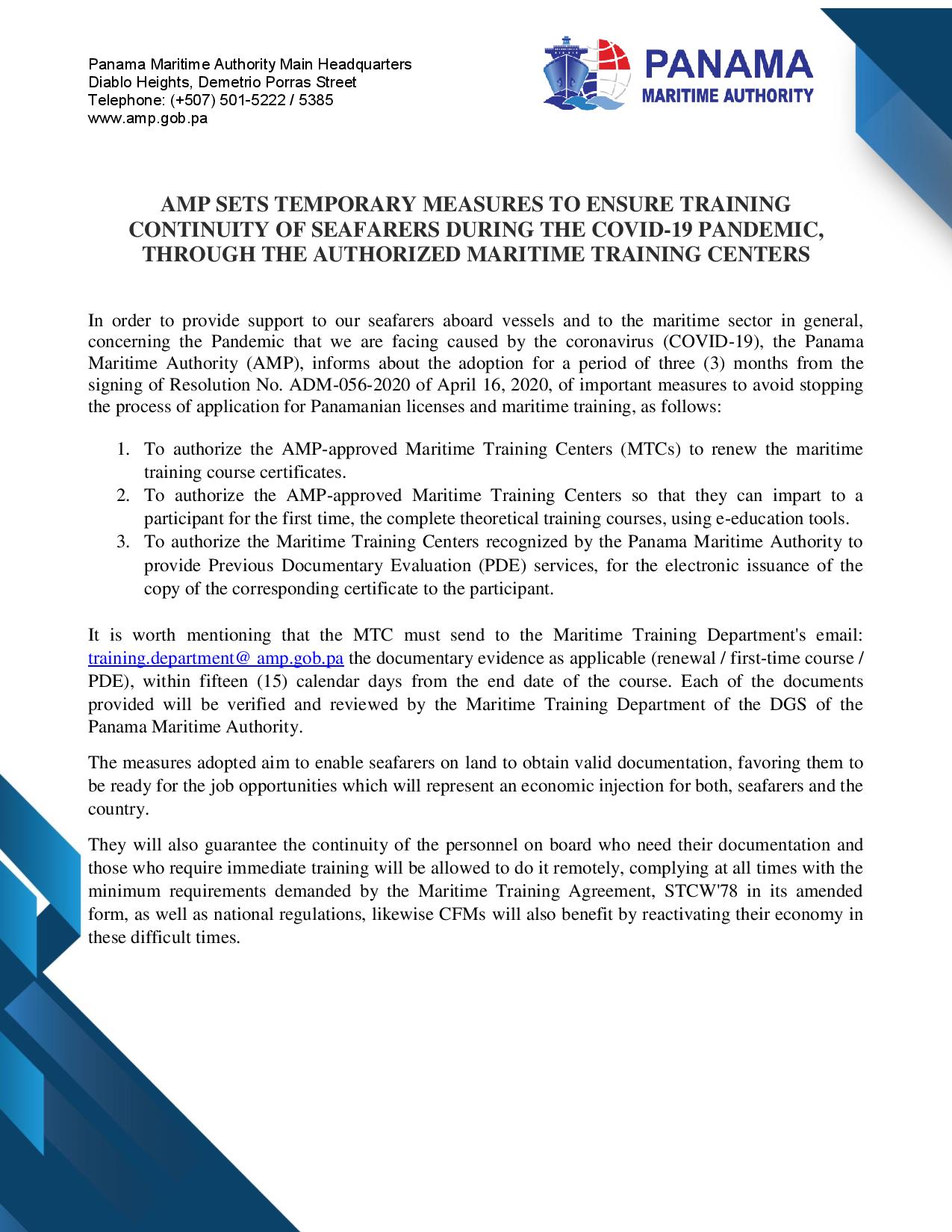 AMP SETS TEMPORARY MEASURES TO ENSURE TRAINING CONTINUITY OF SEAFARERS DURING THE COVID-19 PANDEMIC, THROUGH THE AUTHORIZED MARITIME TRAINING CENTERS-page-001